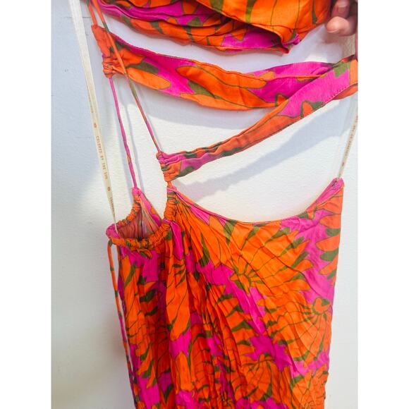 FARM RIO Orange Pink One Shoulder Ruched Waist Tie Copacabana A-Line Dress S - Picture 12 of 16